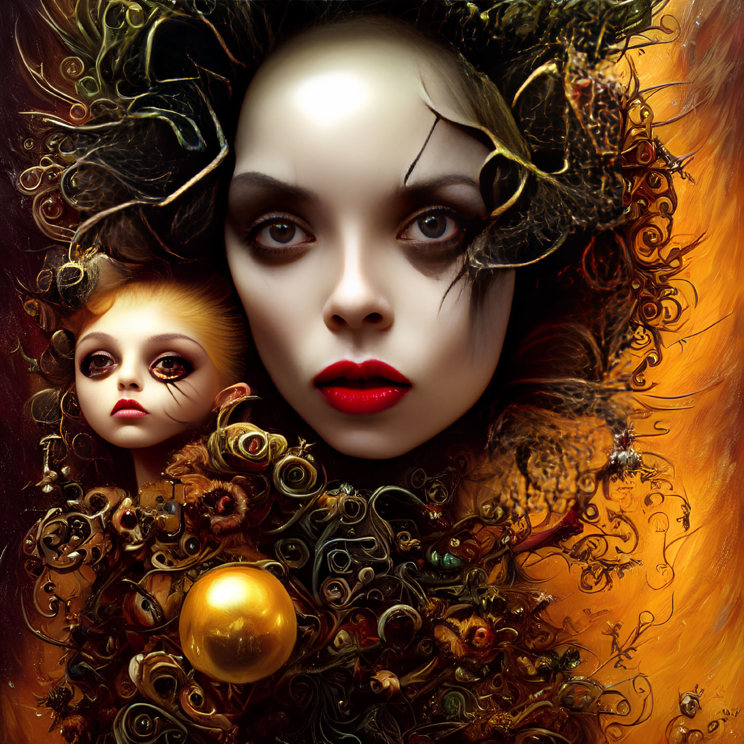Elaborate surreal portrait with gold and bronze adornments in autumnal hues