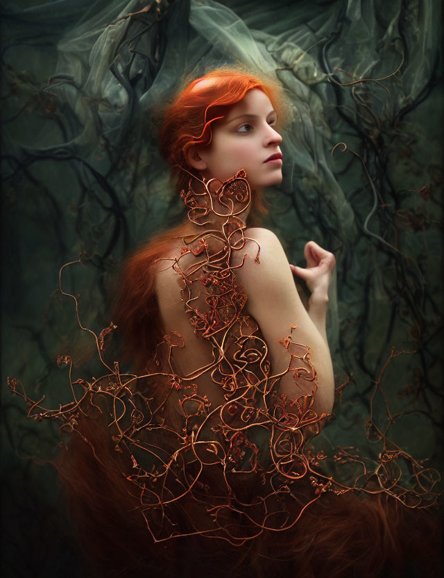 Fiery red-haired woman draped in copper wire against dark branches