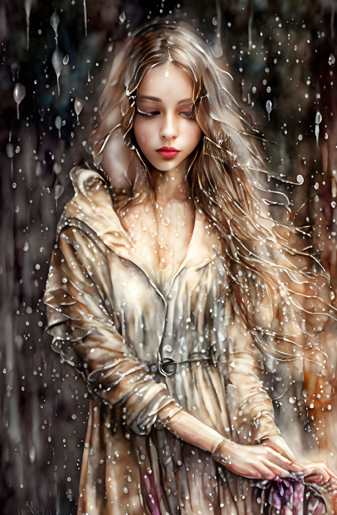 Serene young woman in light coat standing in rain
