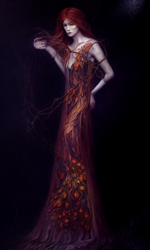 Mystical woman with red hair in autumn-themed gown against dark backdrop