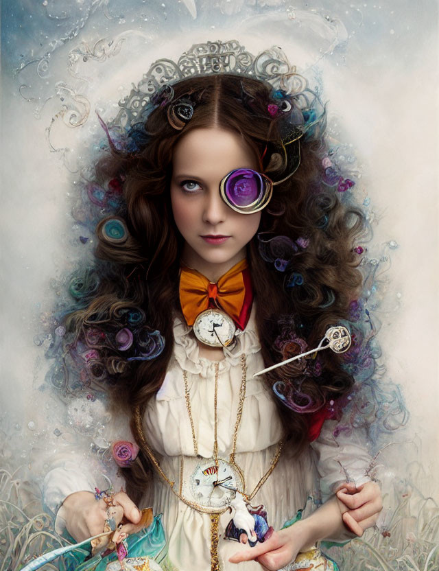 Portrait of a girl with roses, gears, monocle, and timepiece