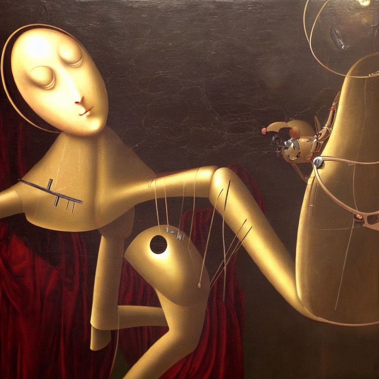 Surreal painting of golden humanoid figures with eyes closed and interconnected threads.