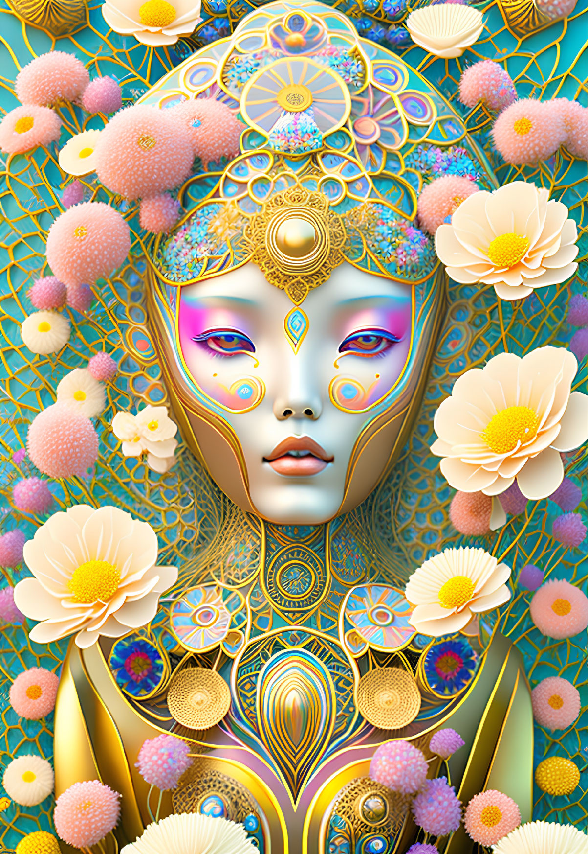 Digital Artwork: Female Figure with Golden Patterns and Floral Surroundings