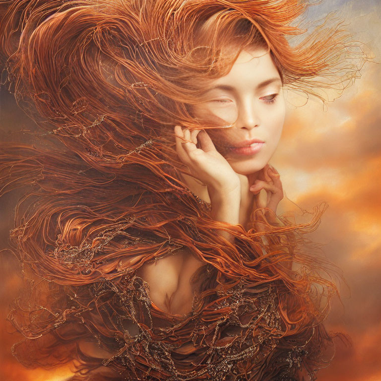 Auburn-Haired Woman in Copper Attire on Warm, Fiery Background