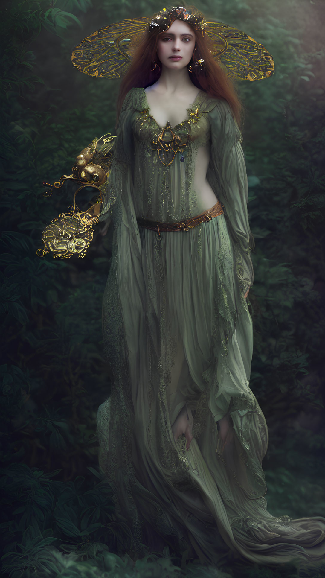 Mystical Female Figure in Green Attire with Golden Accessories in Dark Forest