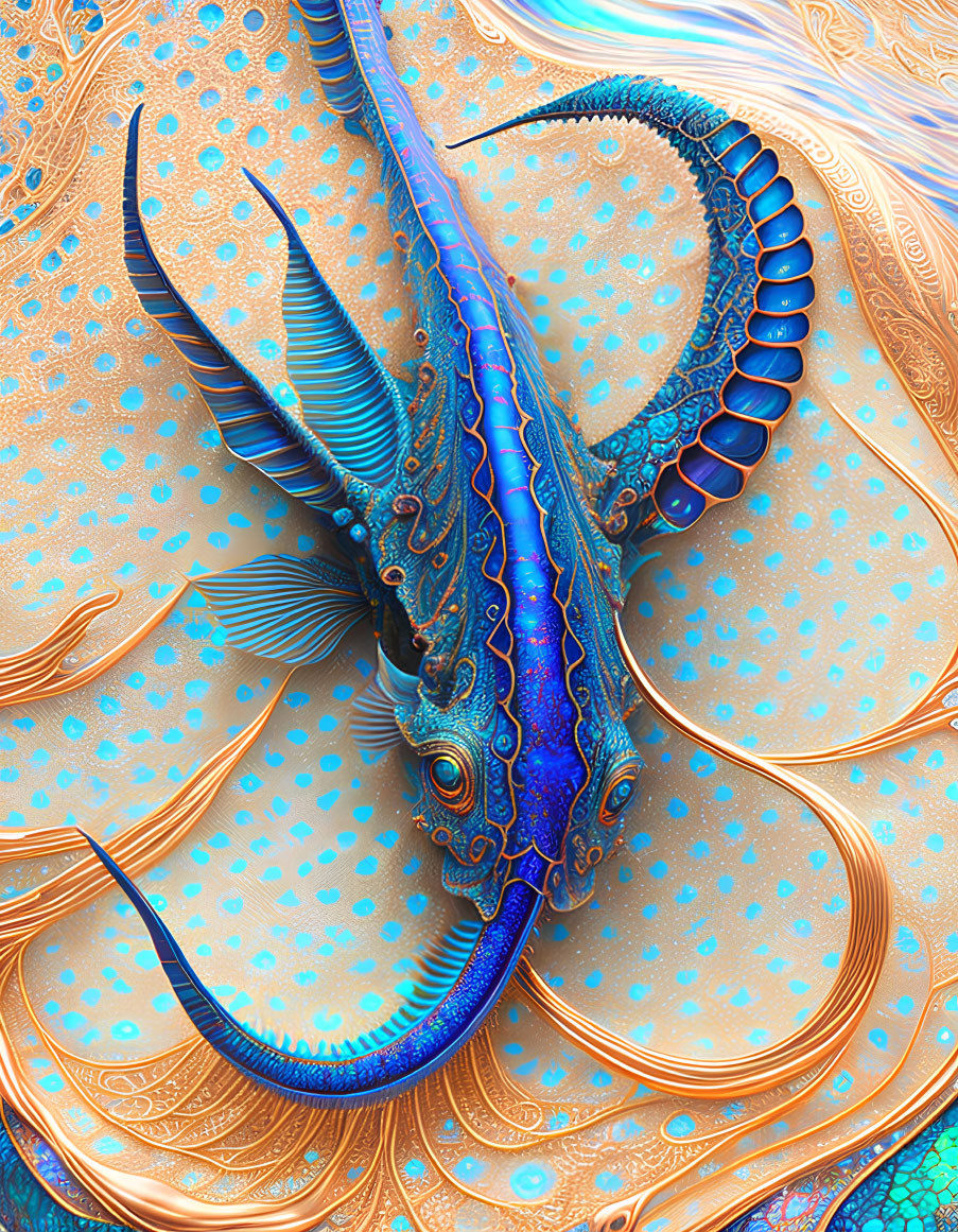 Fantastical blue dragon digital artwork with intricate patterns on a turquoise background