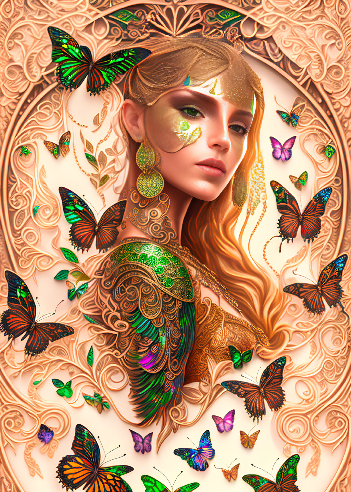 Vibrant digital artwork: Woman with golden hair, peacock attire, butterflies, ornate background