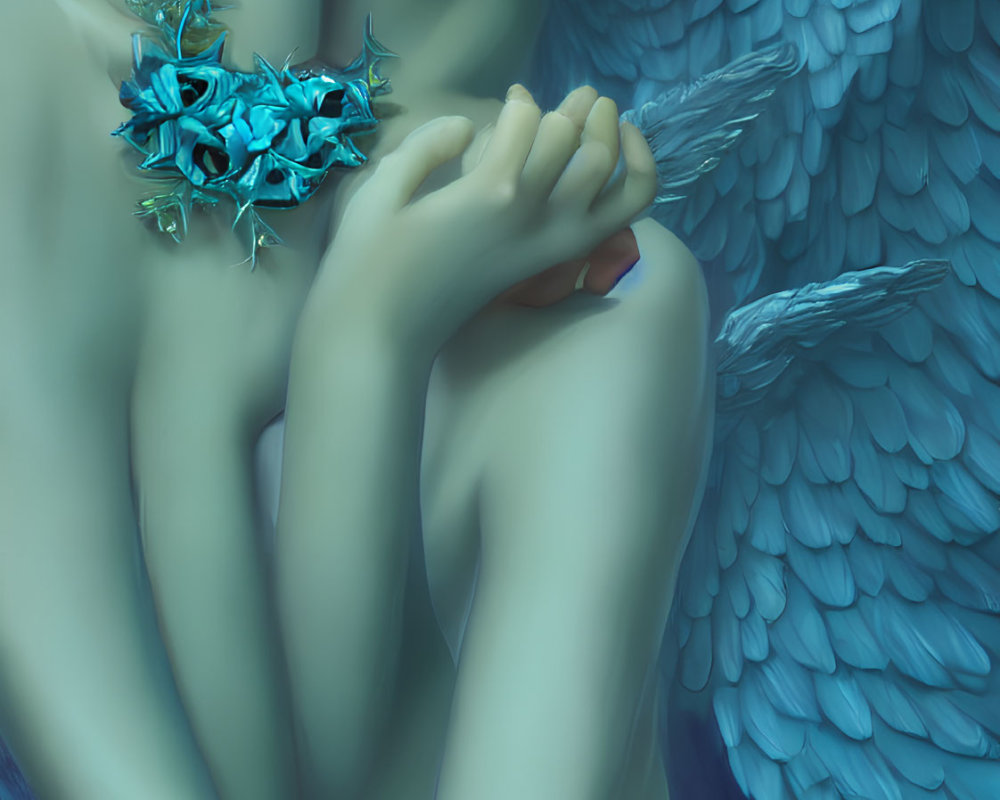 Portrait of person with large blue wings and butterfly necklace in surreal setting
