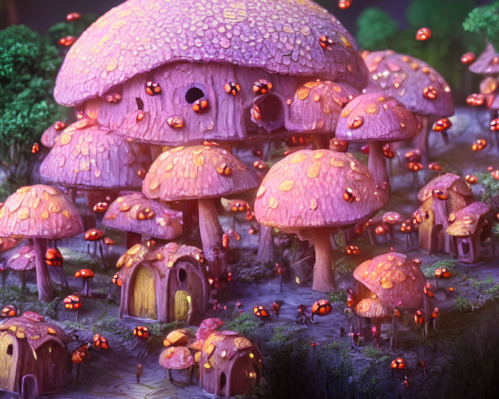 Whimsical forest scene with oversized pink mushrooms and glowing orbs