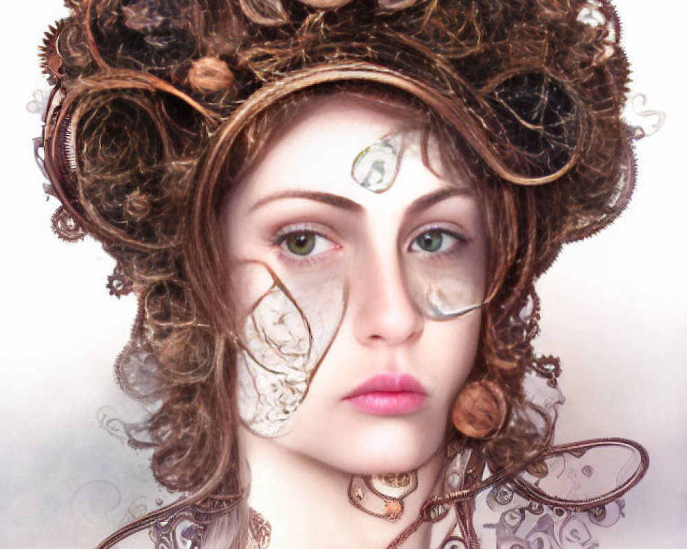 Steampunk-inspired woman with gears, cogs, and monocle in whimsical headdress