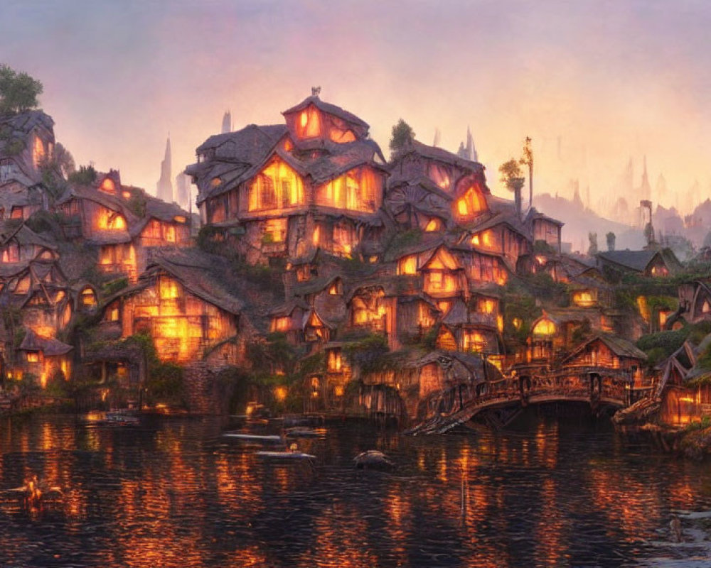 Tranquil Tudor-style fantasy village at dusk