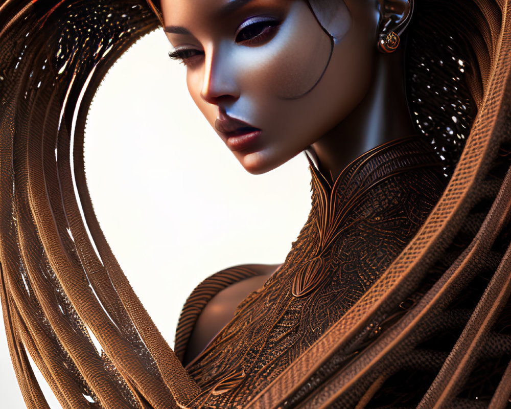 Intricate bronze headdress on futuristic woman