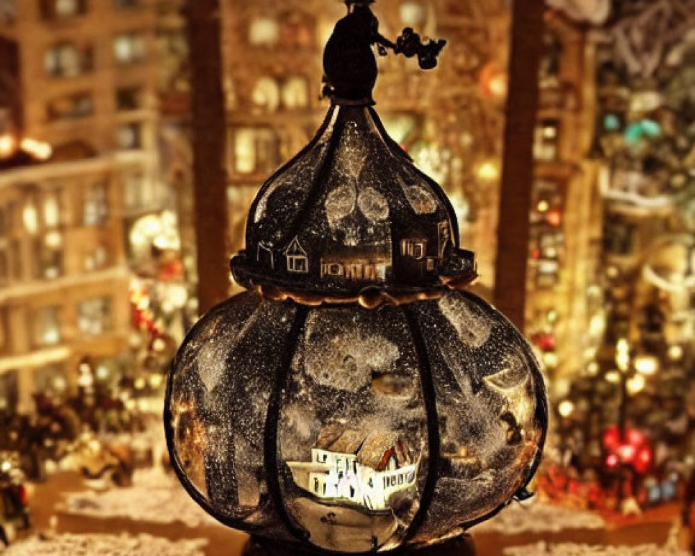 Miniaturized wintry landscape in glass bell jar with festive lights background