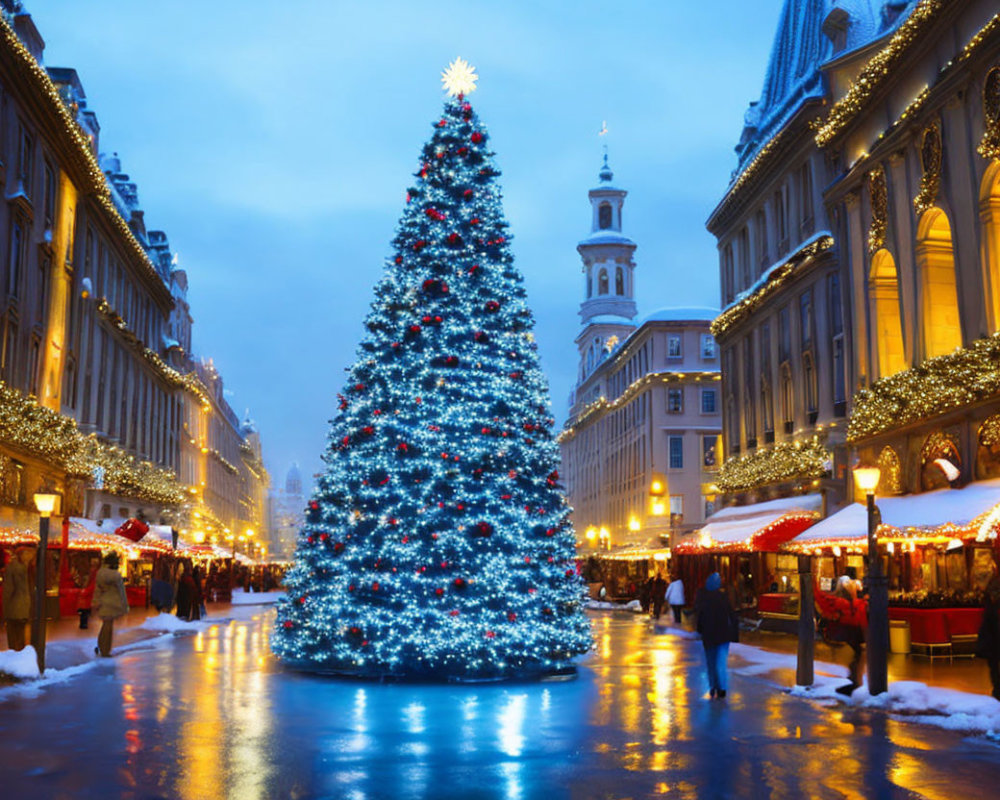 Festive street scene with brightly lit Christmas tree and historical building