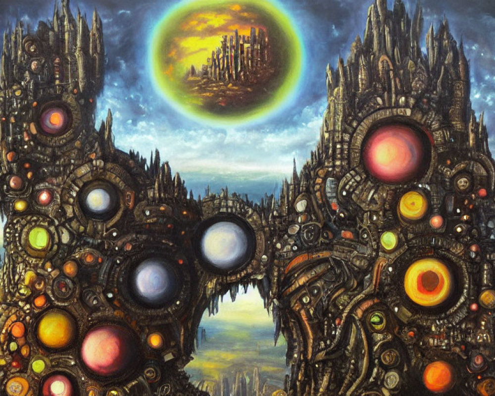 Surreal painting featuring ornate towers and floating cityscape