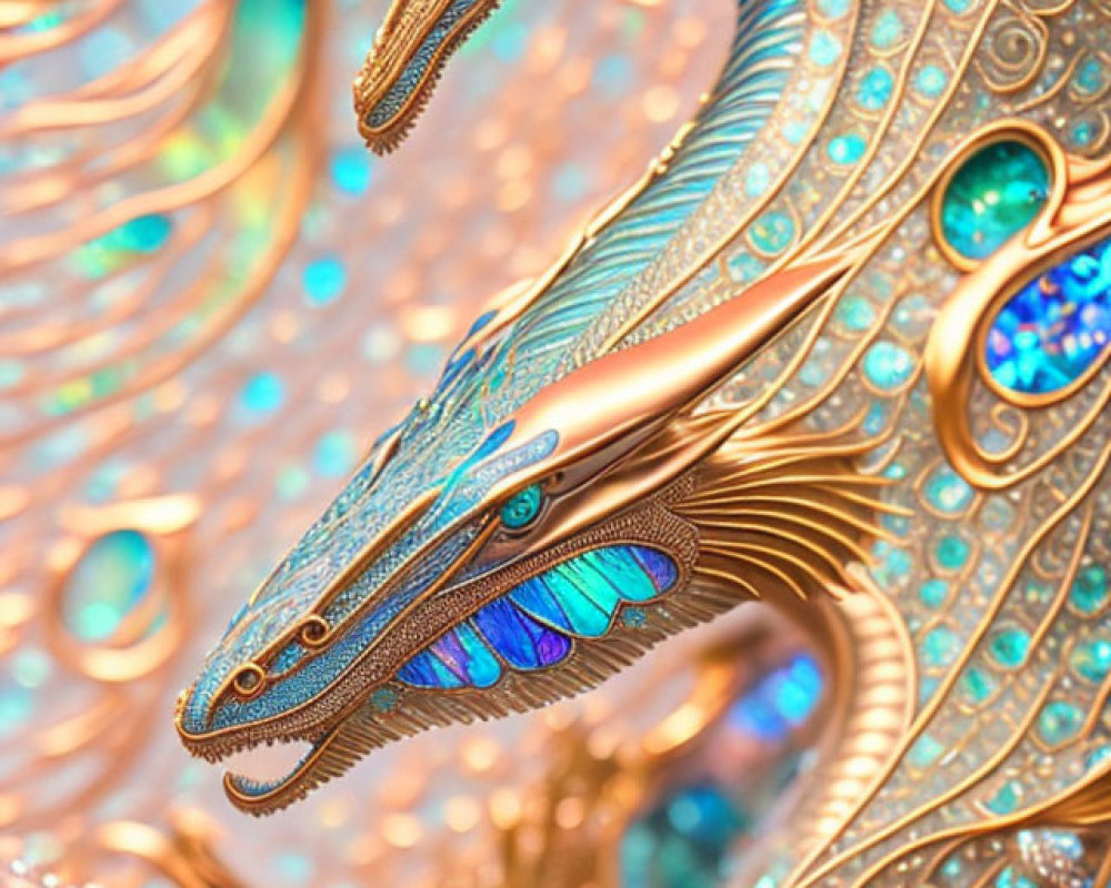 Golden Dragon Sculpture with Turquoise and Blue Gemstone Accents
