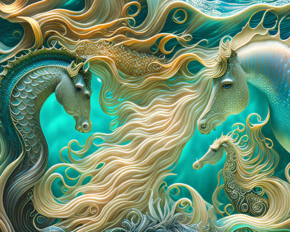 Stylized sea horse-like creatures with unicorn horns in aqua and gold tones