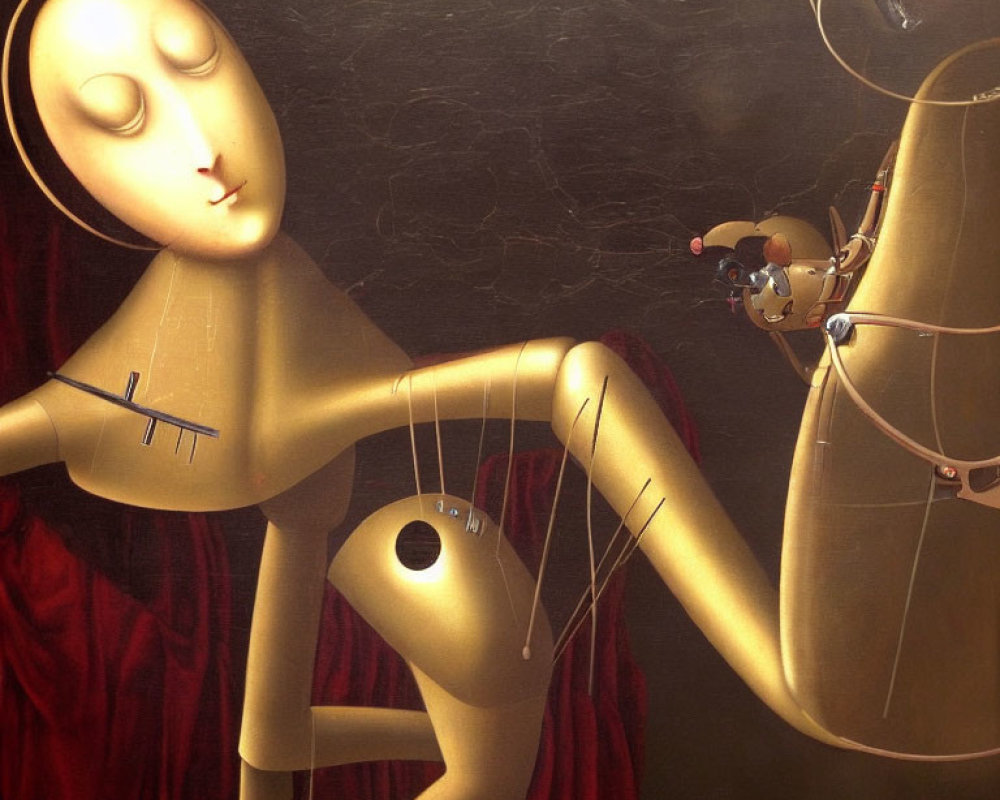 Surreal painting of golden humanoid figures with eyes closed and interconnected threads.