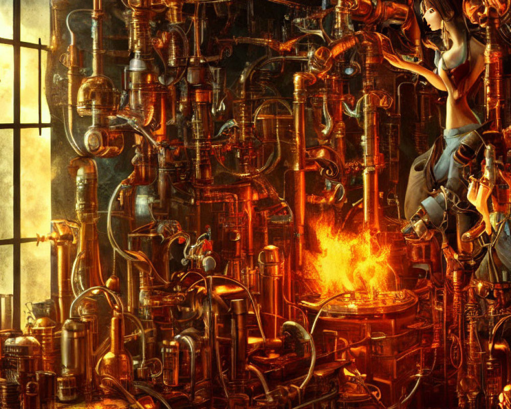 Female anime character surrounded by copper pipes and machinery with flames in the background