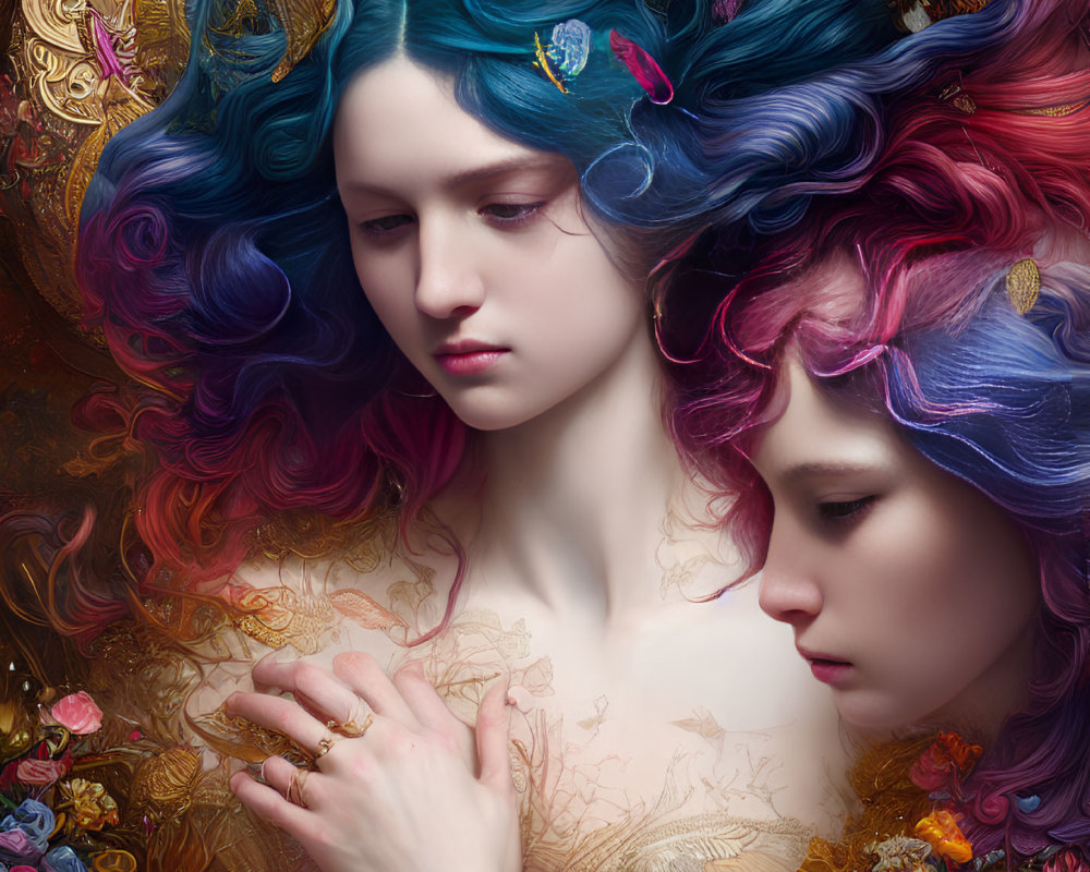 Two women with colorful, wavy hair and floral patterns, one pensive, the other resting head