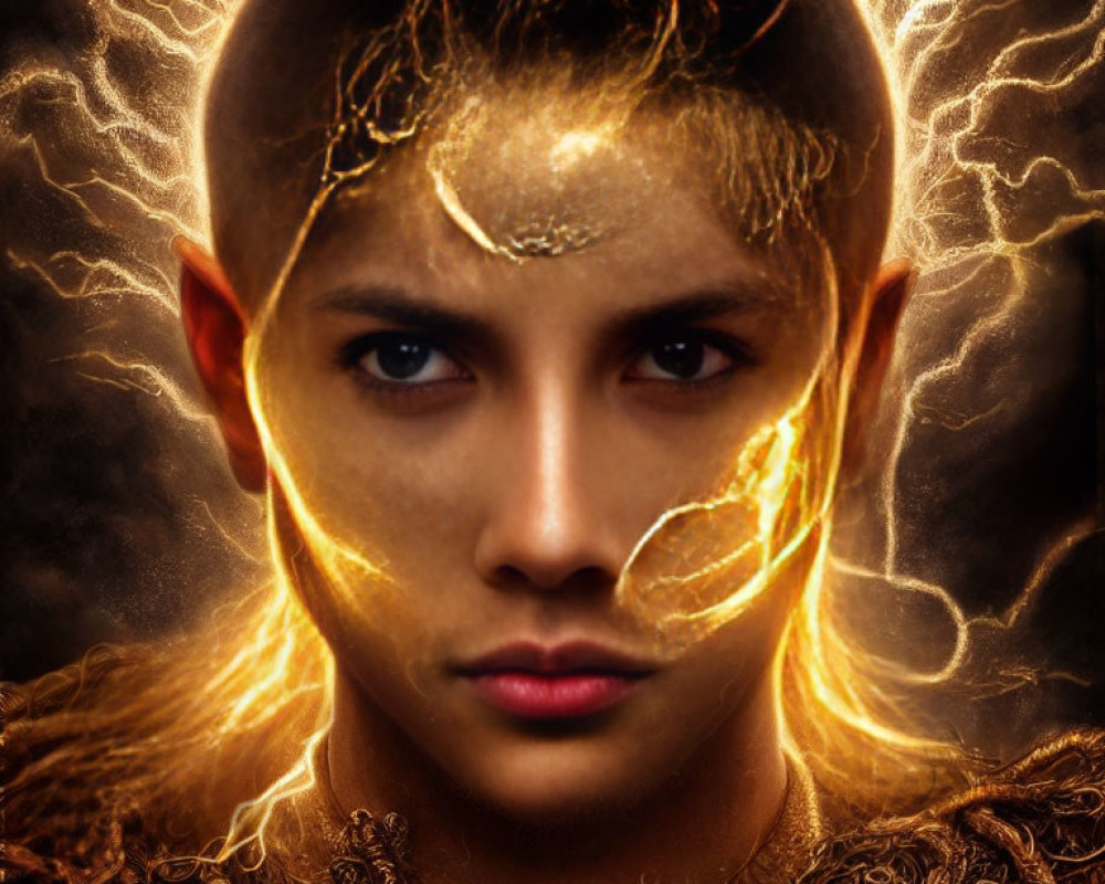 Person with glowing golden cracks and intense gaze on dark fiery background