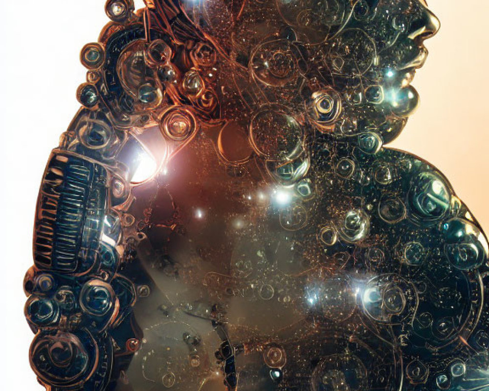 Intricate mechanical and cosmic elements in female figure's profile