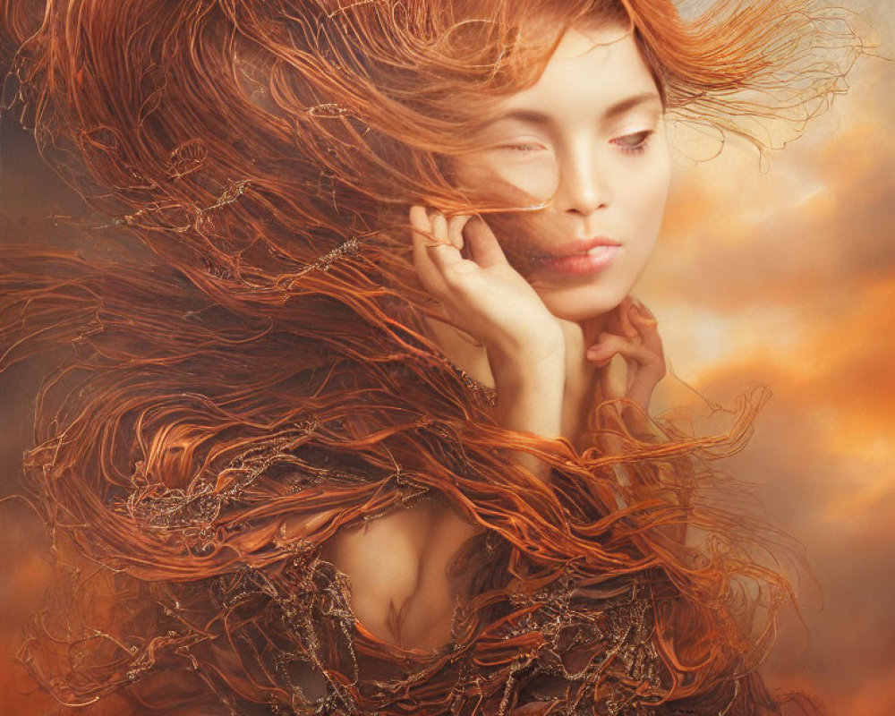 Auburn-Haired Woman in Copper Attire on Warm, Fiery Background