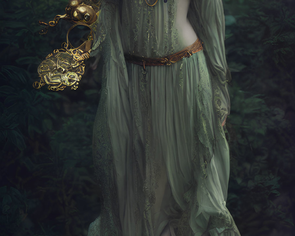 Mystical Female Figure in Green Attire with Golden Accessories in Dark Forest