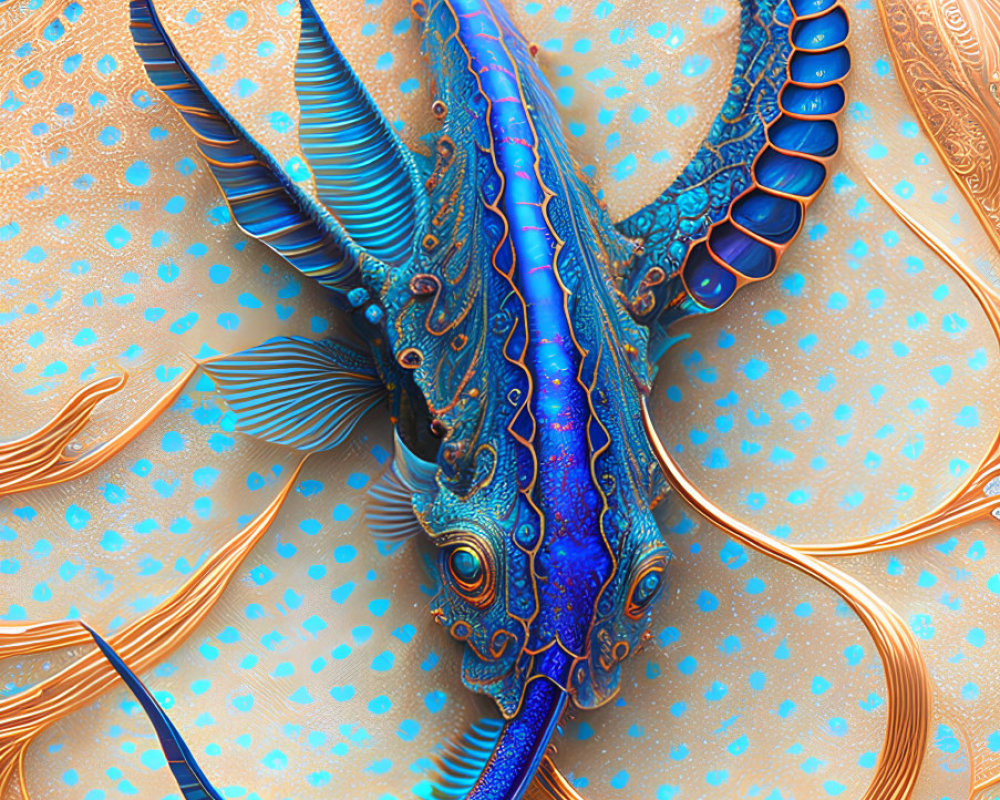 Fantastical blue dragon digital artwork with intricate patterns on a turquoise background