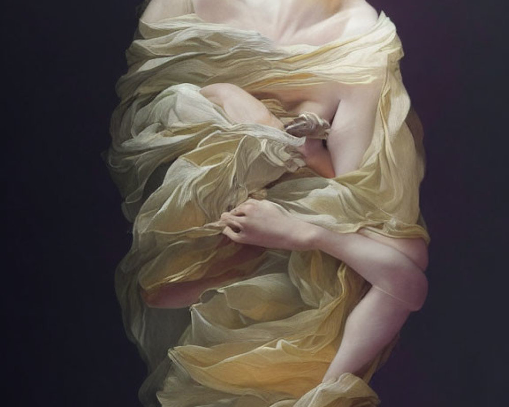 Classical beauty in painting of woman in yellow fabric on dark background