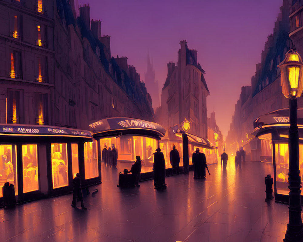 Purple-hued Cityscape at Dusk with Silhouettes