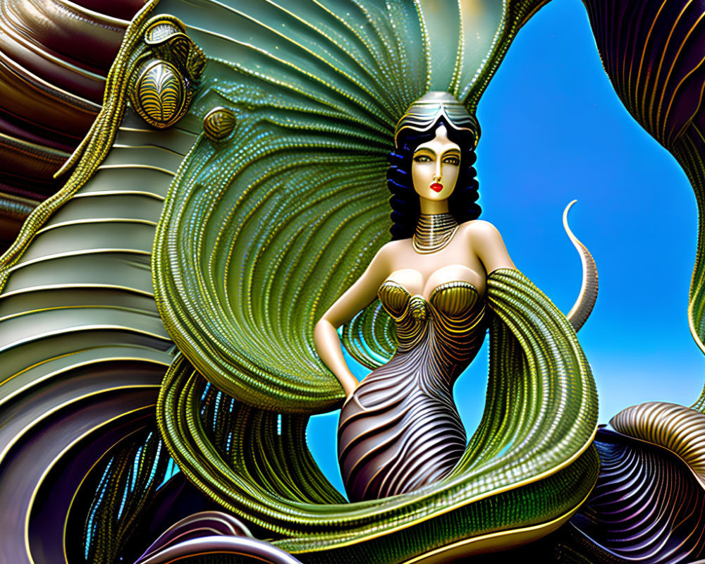 Fantastical image of woman with serpent's tail in surreal metallic landscape