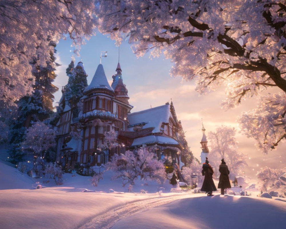 Victorian House with Towers in Snowy Landscape and Cherry Blossoms