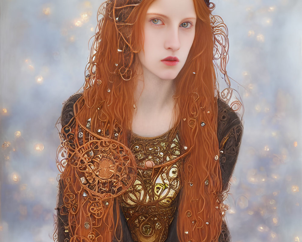 Digital art portrait of woman with red hair and gold armor on soft background
