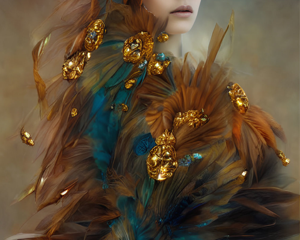 Woman with golden jewelry and peacock feather in ethereal setting