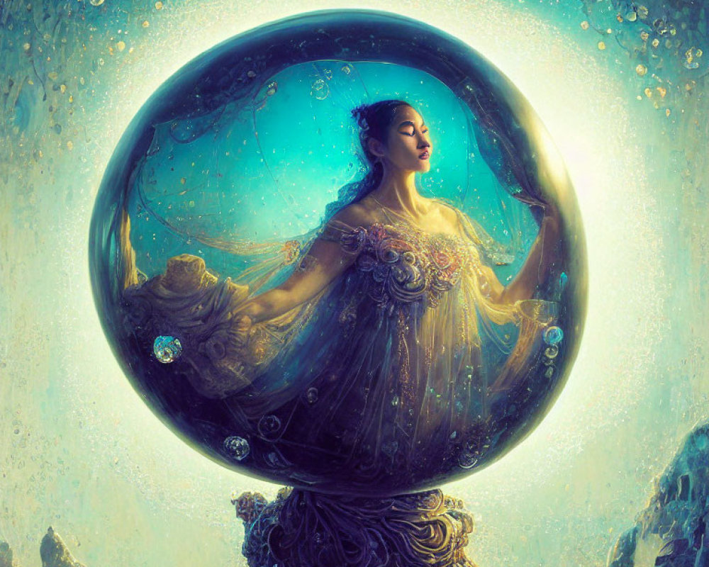 Woman in flowing dress encapsulated in translucent bubble against whimsical blue and gold backdrop