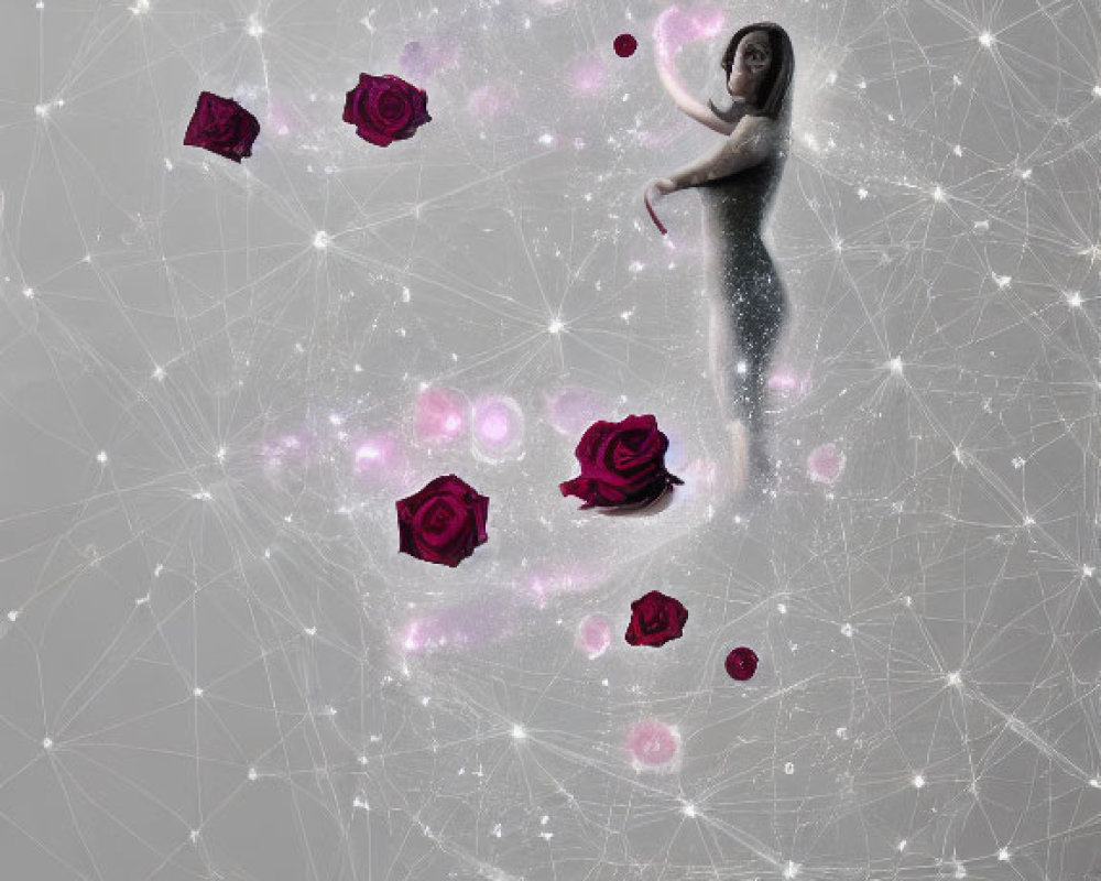 Fantasy-inspired digital art with woman, constellation lines, pink bubbles, and red roses