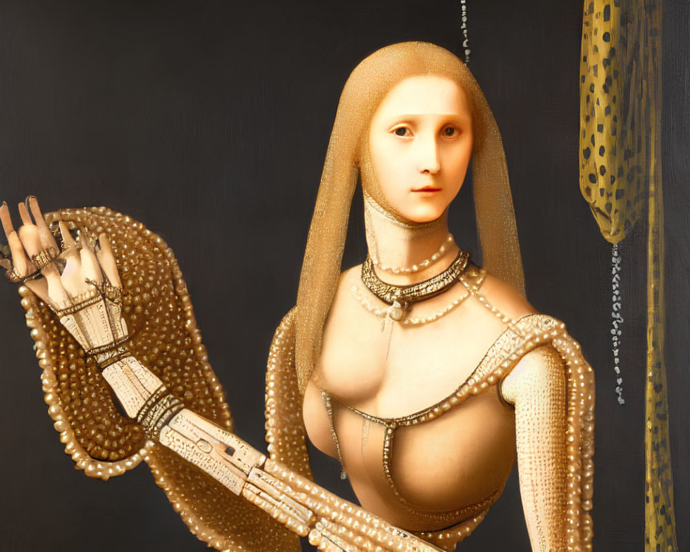 Surreal robotic Mona Lisa with pearl adornments and mechanical arm