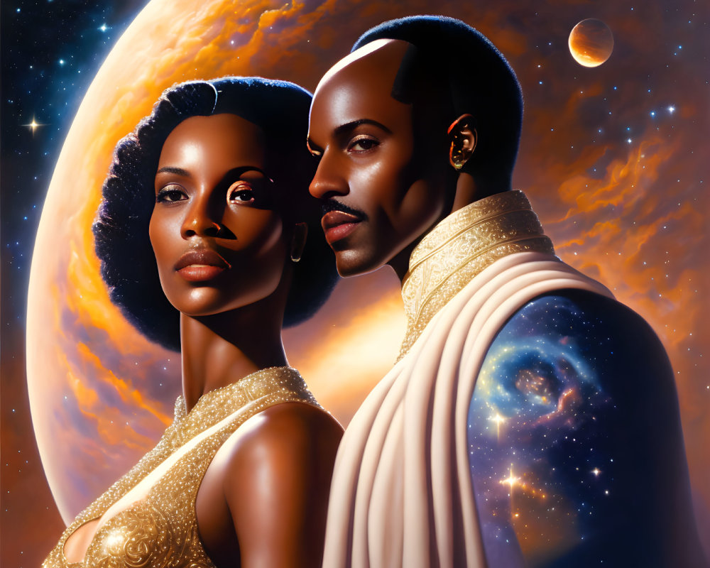 Stylized portrait featuring man and woman with cosmic elements