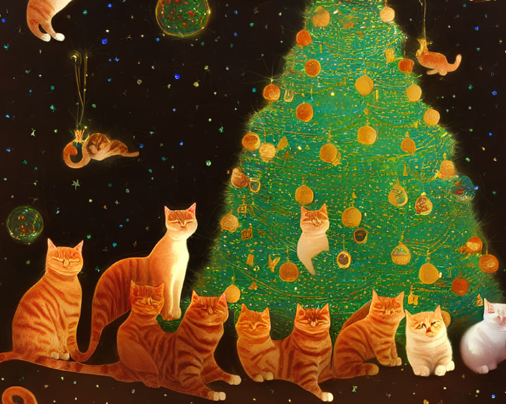Surreal Painting: Multiple Orange Cats Around Glowing Christmas Tree
