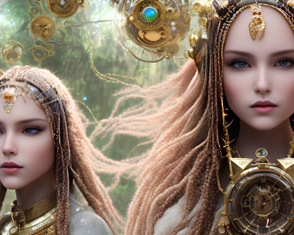 Digital Artwork: Two Female Figures with Golden Headpieces in Mystical Forest