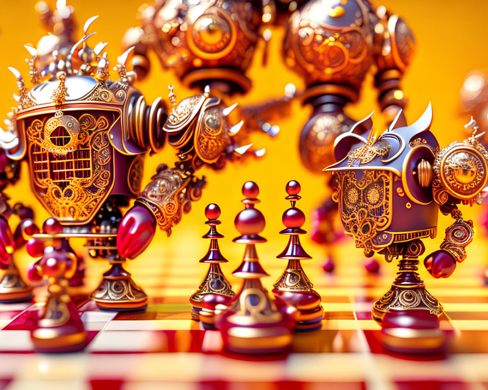 Detailed 3D render of steampunk-inspired chess set