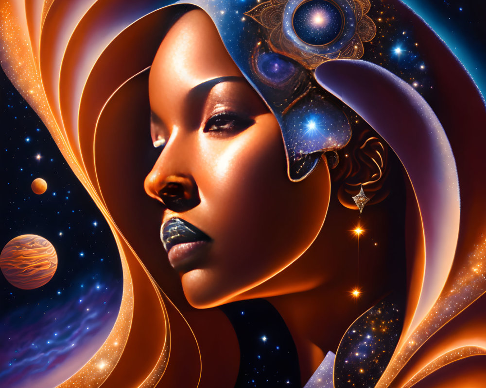 Digital Art: Woman with Cosmic Headdress & Space Elements