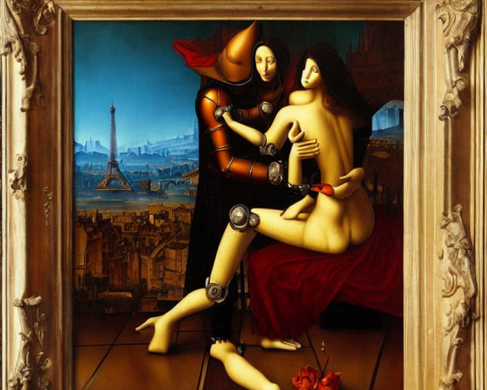 Surreal painting: Robotic knight with nude female, Eiffel Tower backdrop, framed,