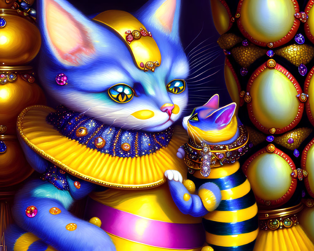 Colorful illustration: Blue cat with yellow eyes in jeweled attire holding smaller cat amidst golden spheres.