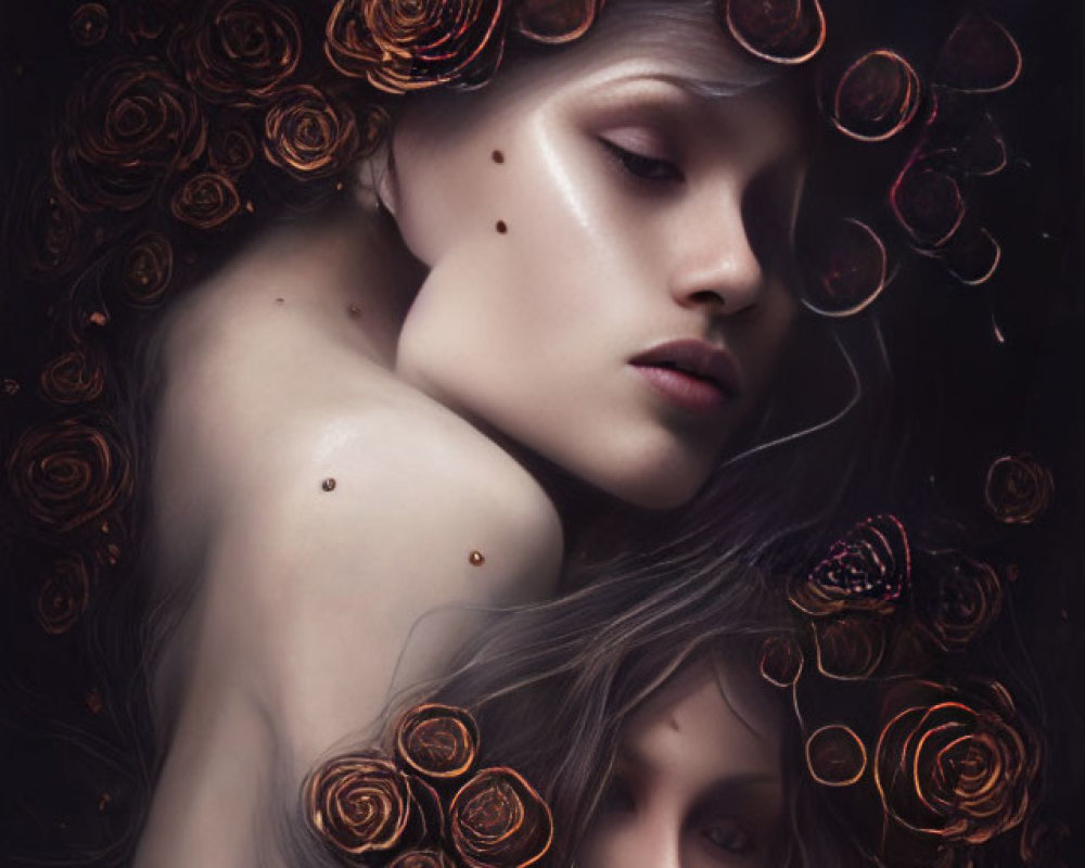 Surreal portrait of woman with swirling roses and mirrored face