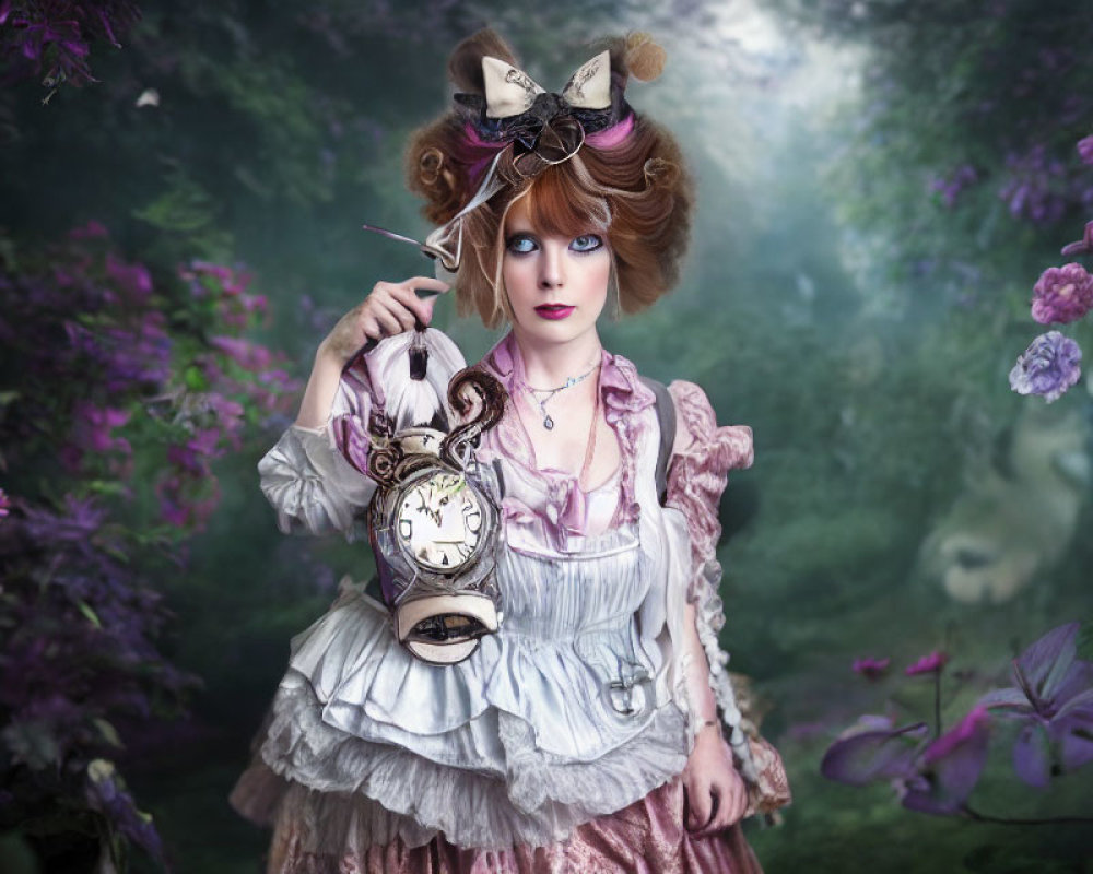 Woman in whimsical attire with bow holding vintage clock in dreamy forest with purple flowers.