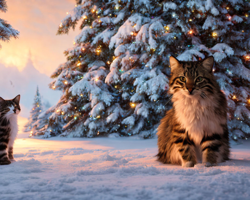 Two Cats in Snow with Christmas Tree in Twilight