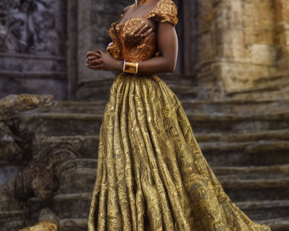 Woman in Golden Attire Stands by Ancient Temple
