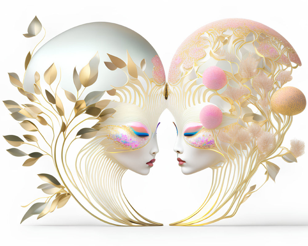 Mirrored Stylized Faces with Golden Floral Elements and Pastel Textures